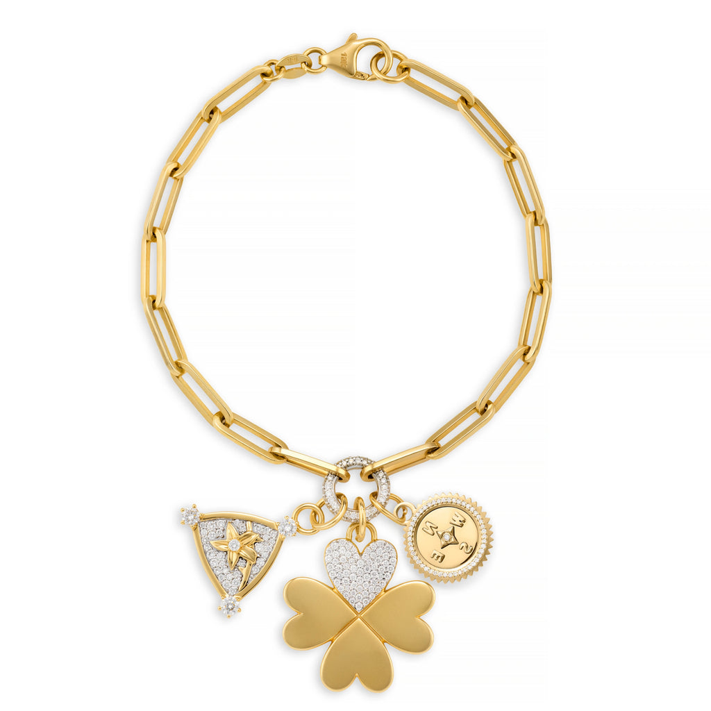 True Love - Personalized | Engravable Pavé Four Heart Clover and Internal Compass Medium Clip Charm Bracelet | Diamonds, Yellow Gold view 1