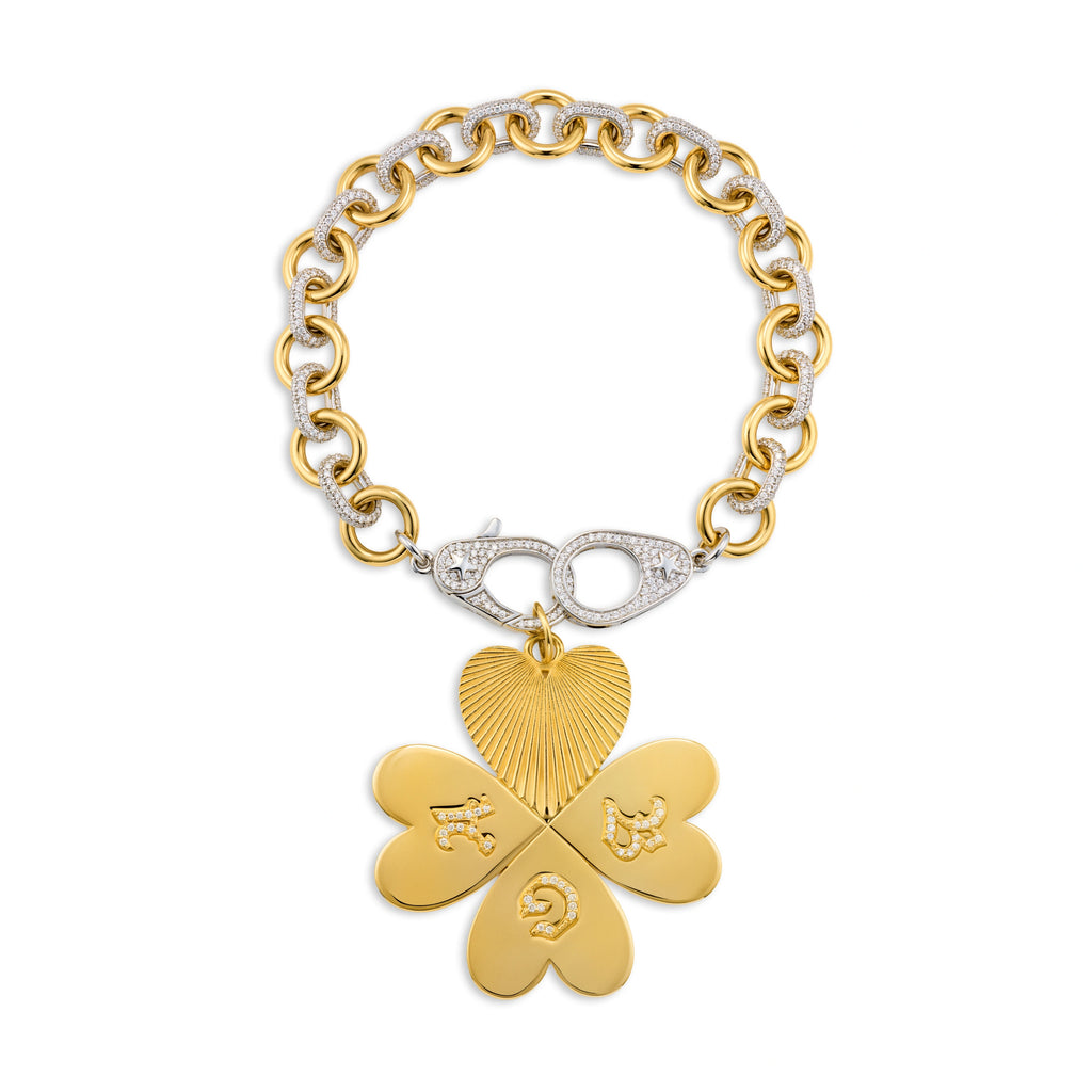 Personalized - True Love | Custom Four Heart Clover Pavé Midsized Mixed Link Bracelet with Sister Hooks | Diamonds, Mixed Gold view 1