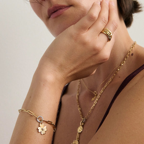 True Love - Personalized | Engravable Four Heart Clover Medium Clip Bracelet | Diamond, Yellow Gold