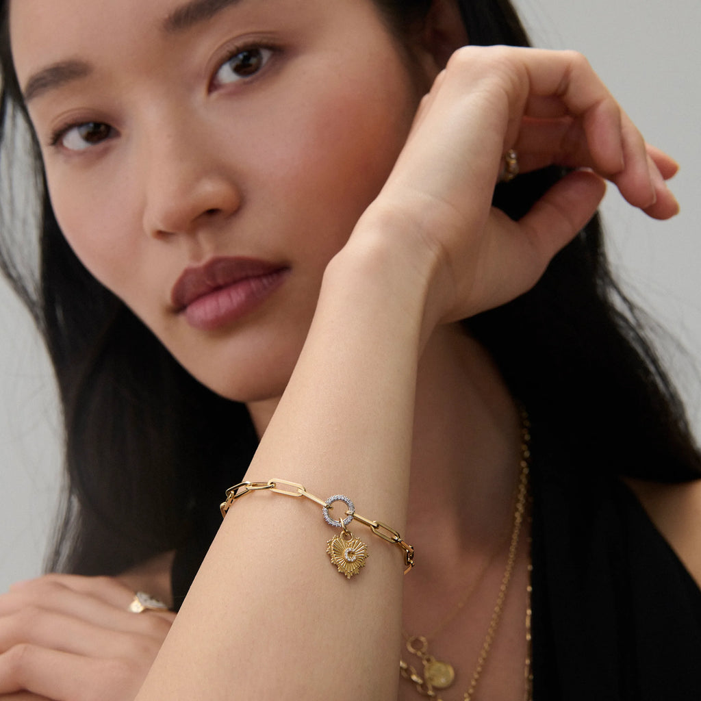 True Love - Personalized | Initial Heart Love Token Medium Clip Bracelet | Diamonds, Yellow Gold view 2