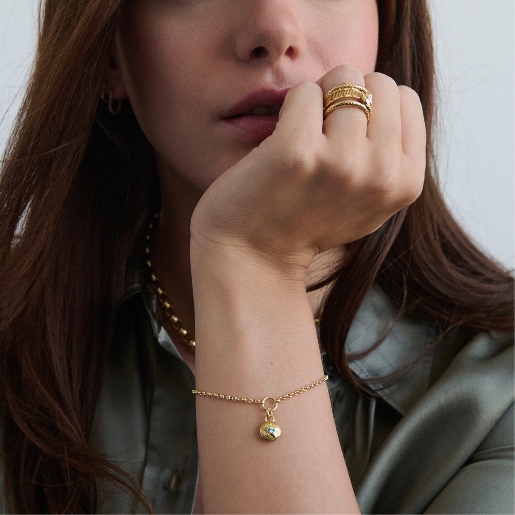 18K Yellow Gold Foundation | March Birthday Starstone Small Belcher Bracelet | Aquamarine, Yellow Gold – FoundRae view 2