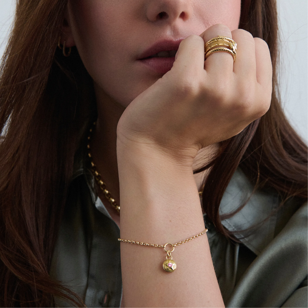 18K Yellow Gold Foundation | October Birthday Starstone Small Belcher Bracelet | Pink Tourmaline, Yellow Gold – FoundRae view 2