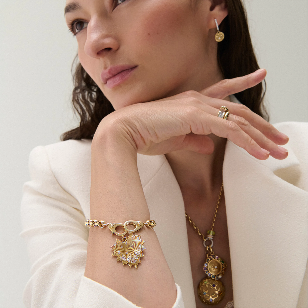 True Love | Encrusted Diamond Heart Love Token Oversized Belcher Bracelet with Sister Hooks | Diamonds, Yellow Gold view 2