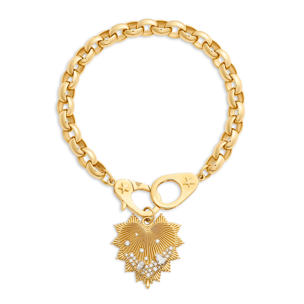 True Love | Encrusted Diamond Heart Love Token Oversized Belcher Bracelet with Sister Hooks | Diamonds, Yellow Gold view 1