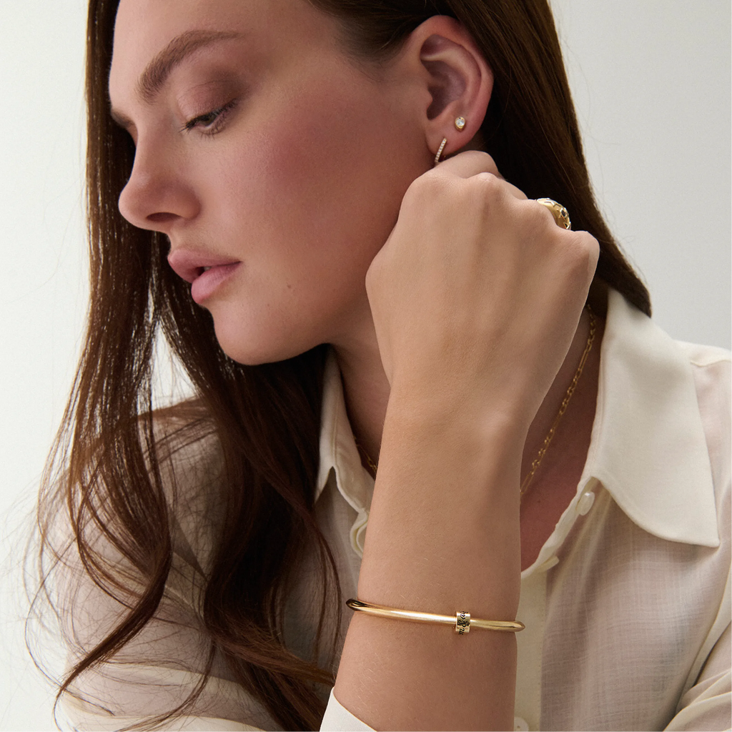 Personalized - True Love | Custom Inscribed Heart Beat Strong Heart Bangle | Yellow Gold view 2
