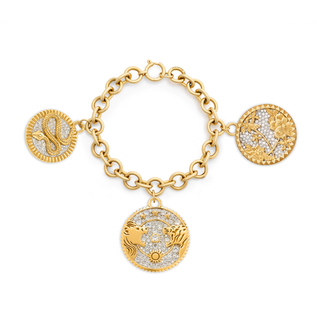 Strength - Resilience | Pavé Solar & Lunar and Floral Screen Midsized Mixed Link Bracelet | Diamonds, Mixed Gold view 1