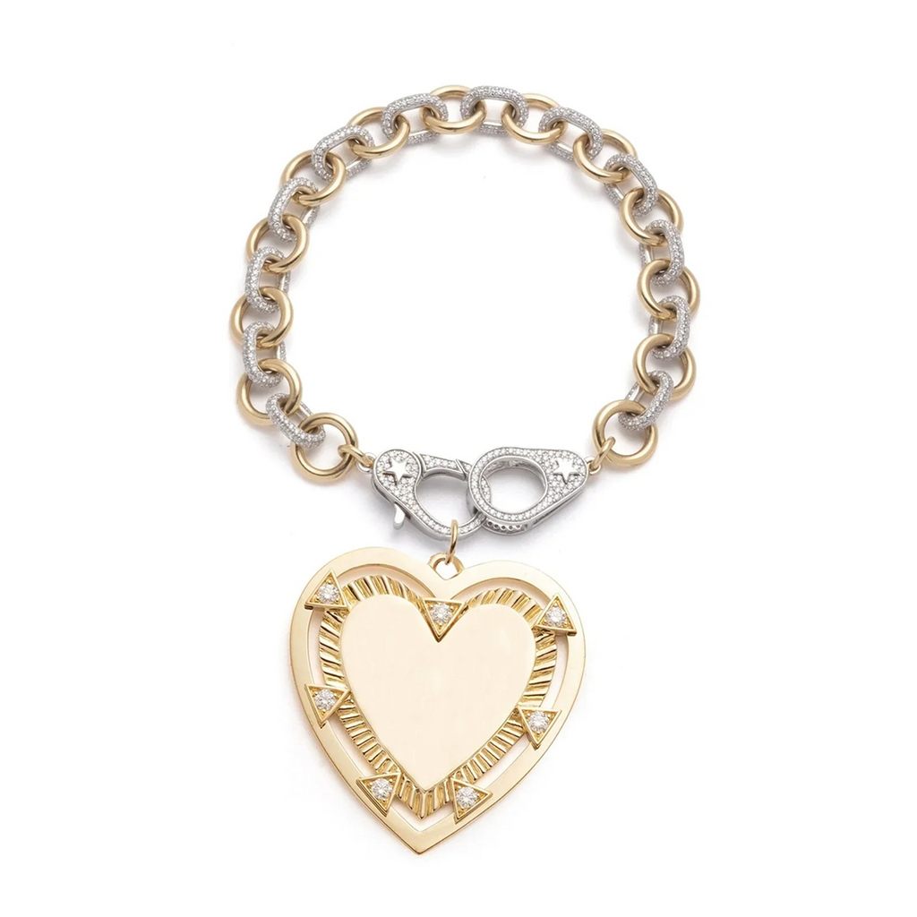 Midsized Mixed Link Pave Bracelet with Oversized Engravable Heart Medallion and Annex Link view 1