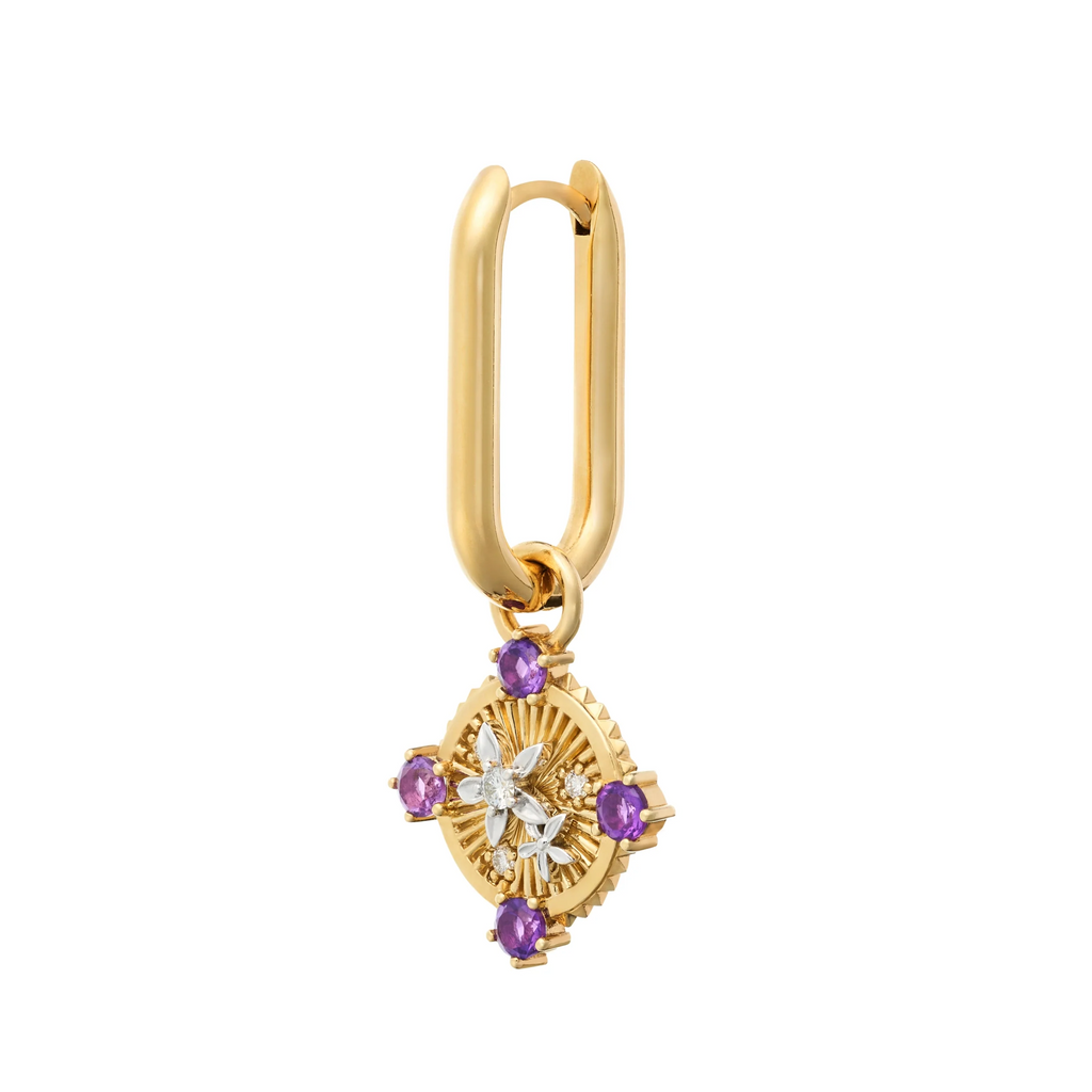 18K Yellow Gold Resilience | Blossoms Small Chubby Fob Earring | Diamonds, Amethyst, Yellow Gold – FoundRae view 3