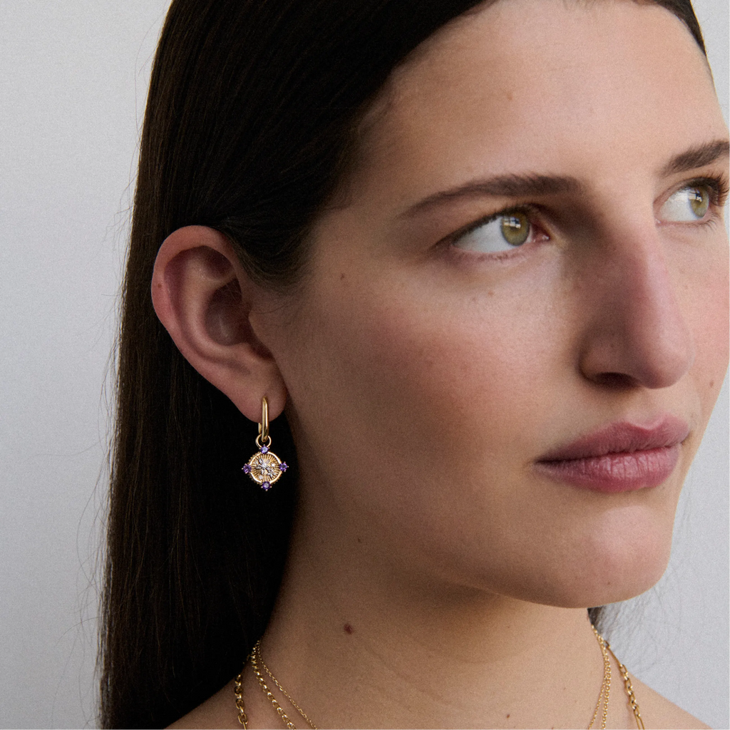 Resilience | Blossoms Small Chubby Fob Earring | Diamonds, Amethyst, Yellow Gold view 2