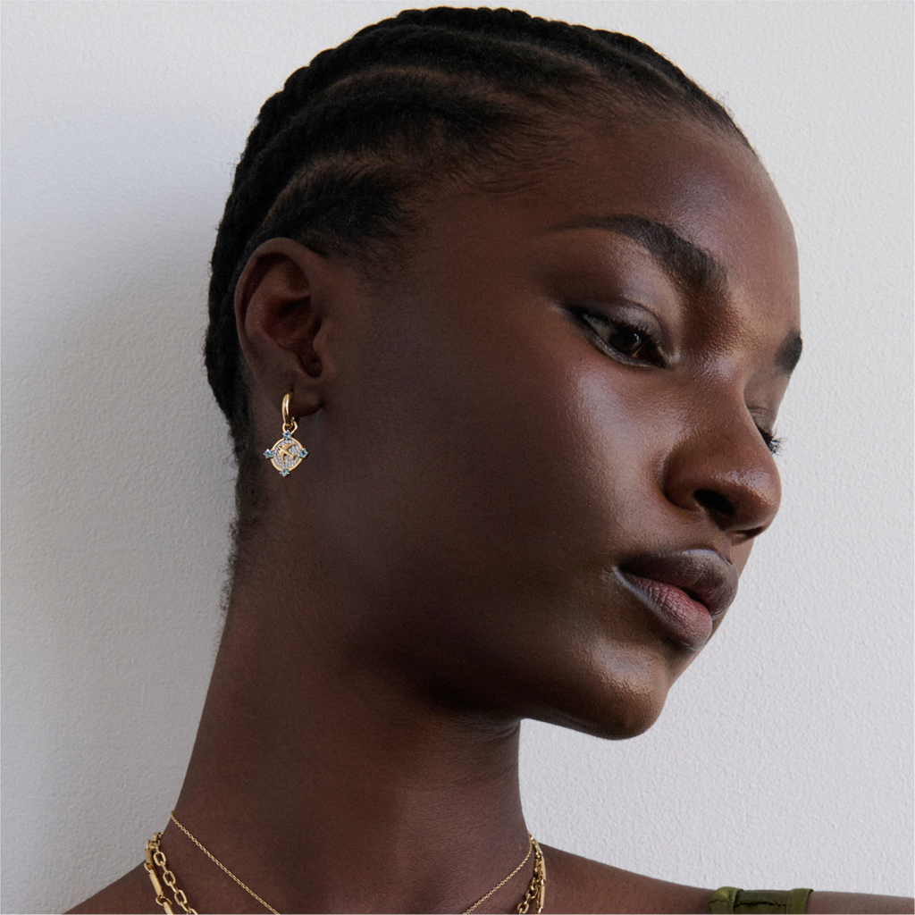 FoundRae x Sing for Hope - Resilience | Sparrow Petite Chubby Hoop Earring | Diamonds, Swiss Blue Topaz, Yellow Gold view 2