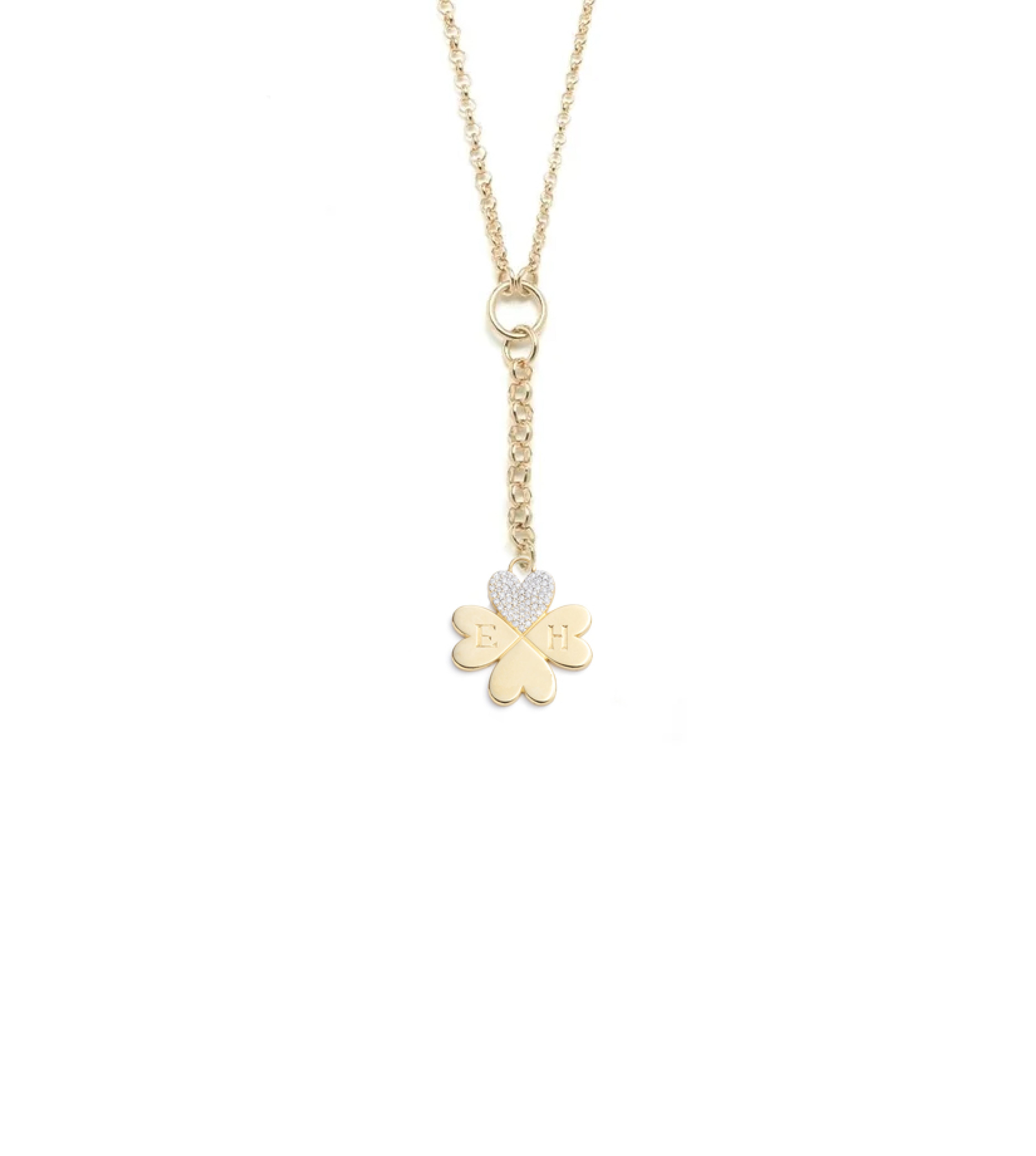 Pave Diamond Engravable Four Heart Clover : Small Mixed Belcher Necklace