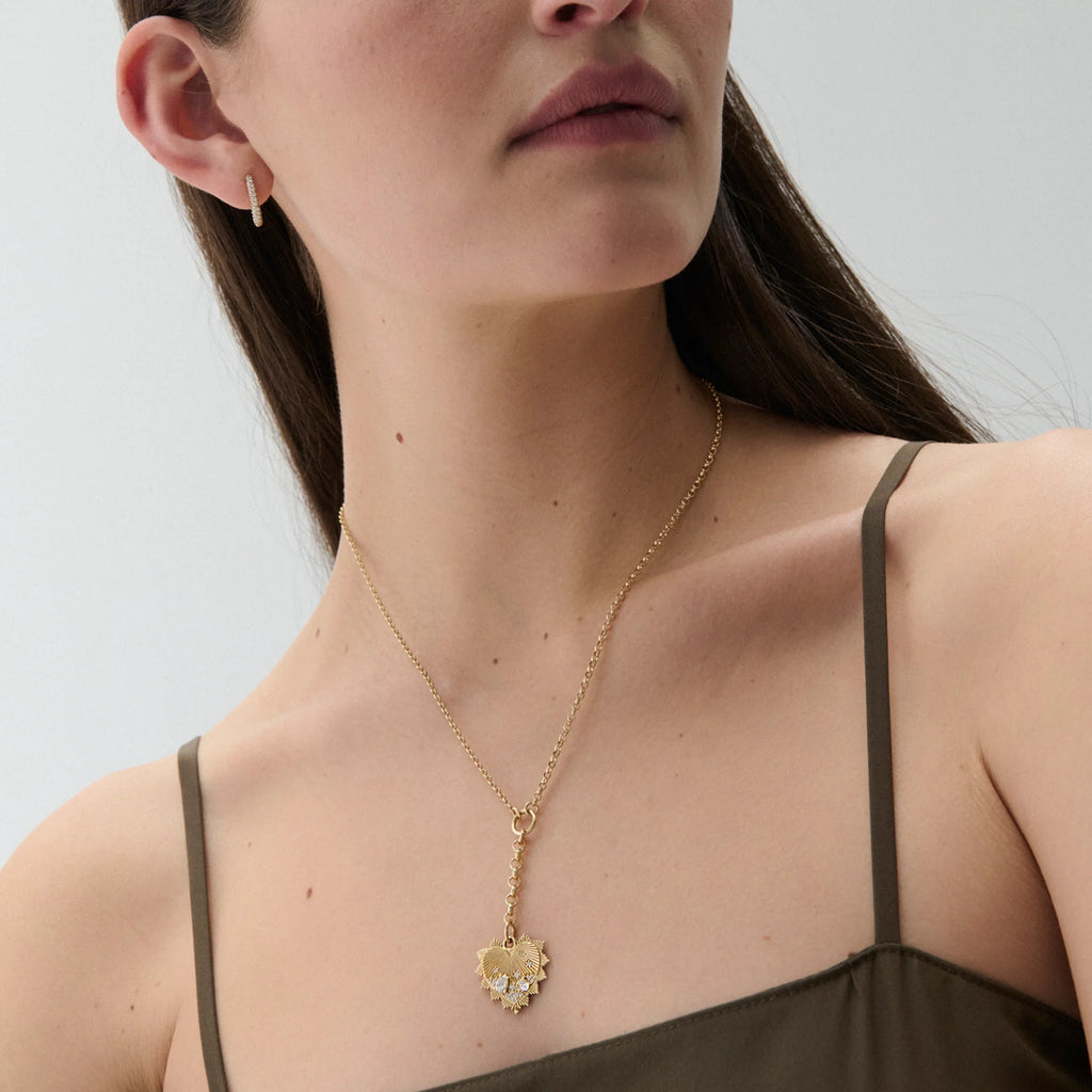 True Love | Encrusted Heart Love Token Medium Mixed Belcher Extension Necklace | Diamonds, Yellow Gold view 2