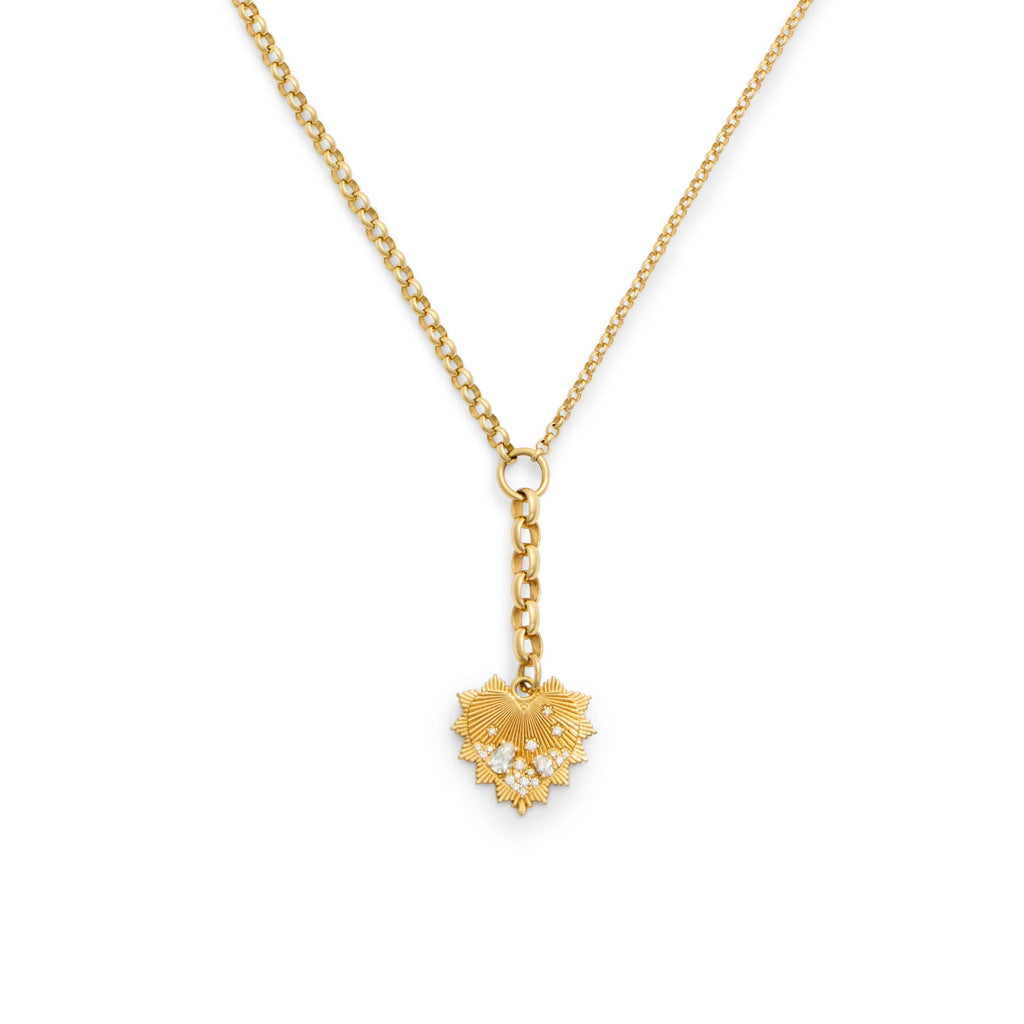 True Love | Encrusted Heart Love Token Medium Mixed Belcher Extension Necklace | Diamonds, Yellow Gold view 1