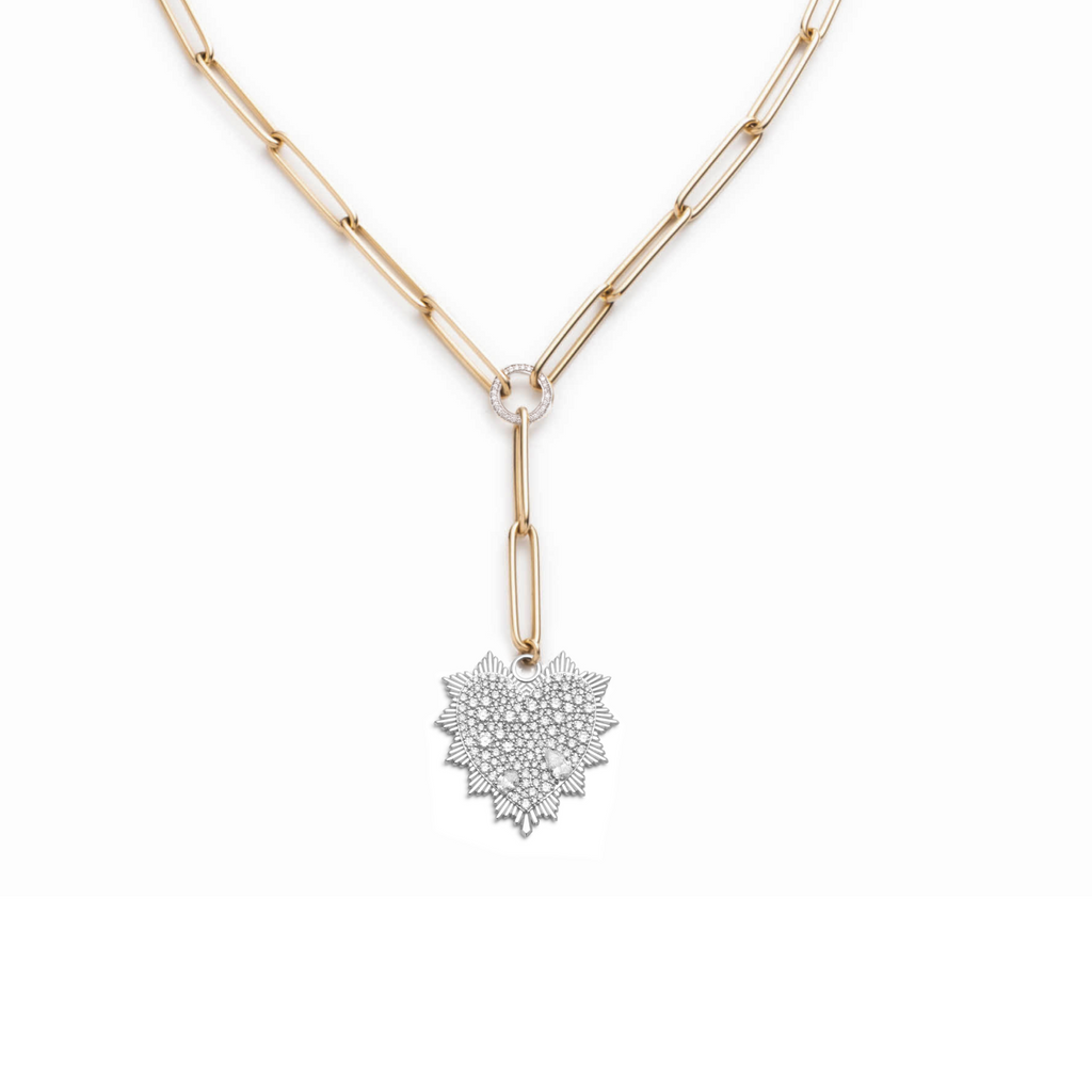 Snow Pavé Diamond Heart Love Token Extended Clip Extension Necklace : in Mixed Gold view 1