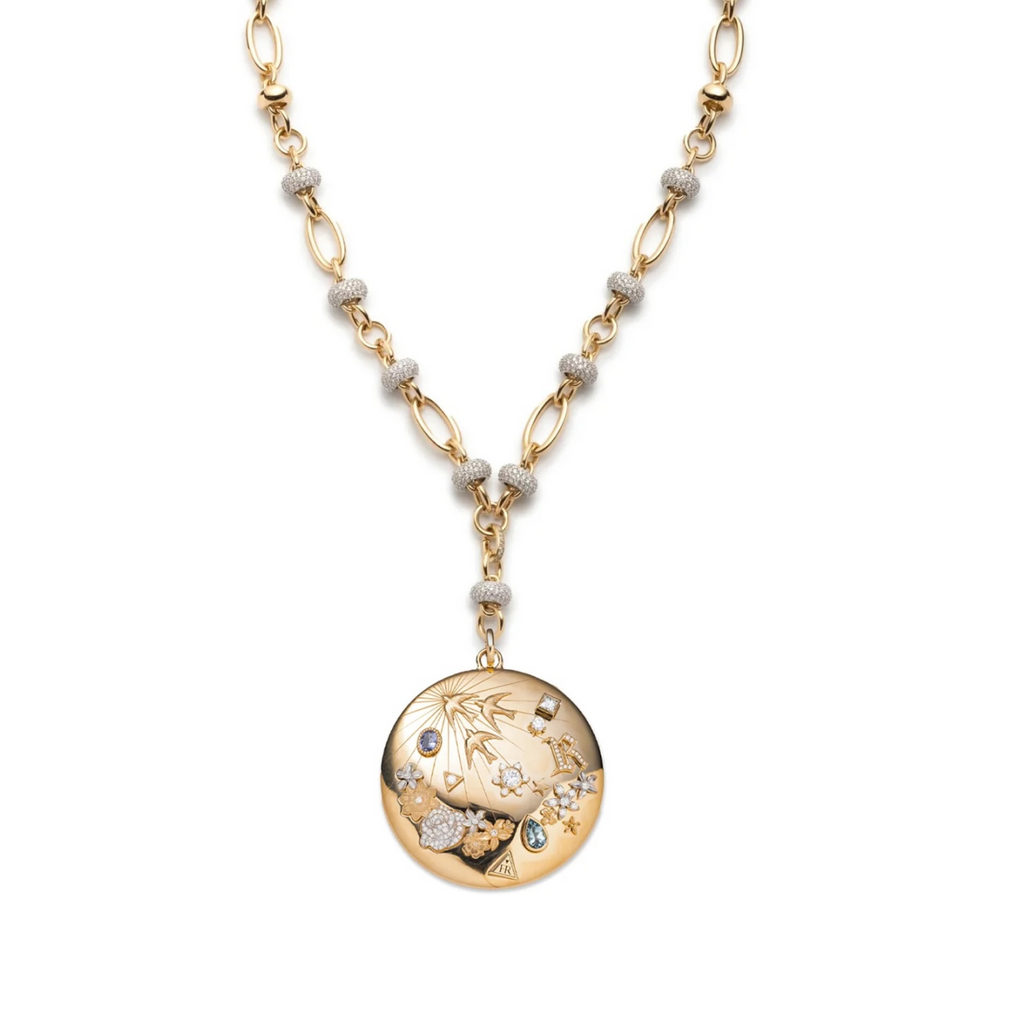 Resilience Grande Dame and Orbit Extension Necklace : in Yellow Gold with Diamonds and Aquamarine view 1