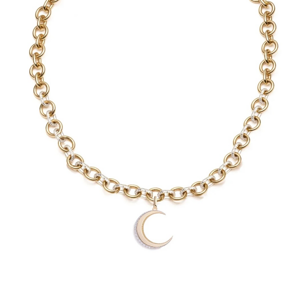 18K Yellow Gold Engravable Crescent : Pave Midsized Mixed Link Necklace – FoundRae view 1
