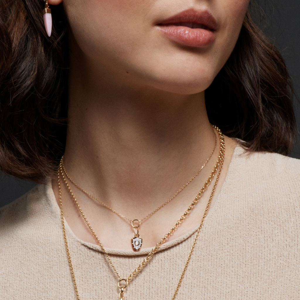 Horseshoe Crest Fine Belcher Necklace : in Yellow Gold with Pave Diamonds view 2