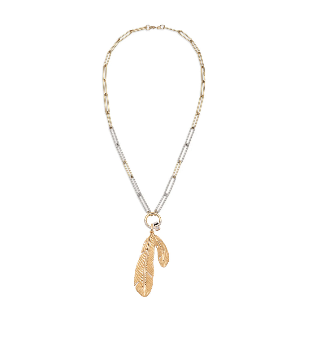 Feather Extended Clip Open Chain Necklace : in Yellow Gold with Pave Diamonds view 2