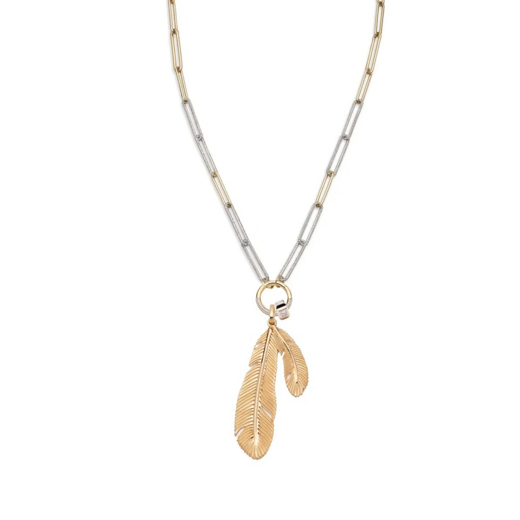 Feather Extended Clip Open Chain Necklace : in Yellow Gold with Pave Diamonds view 1
