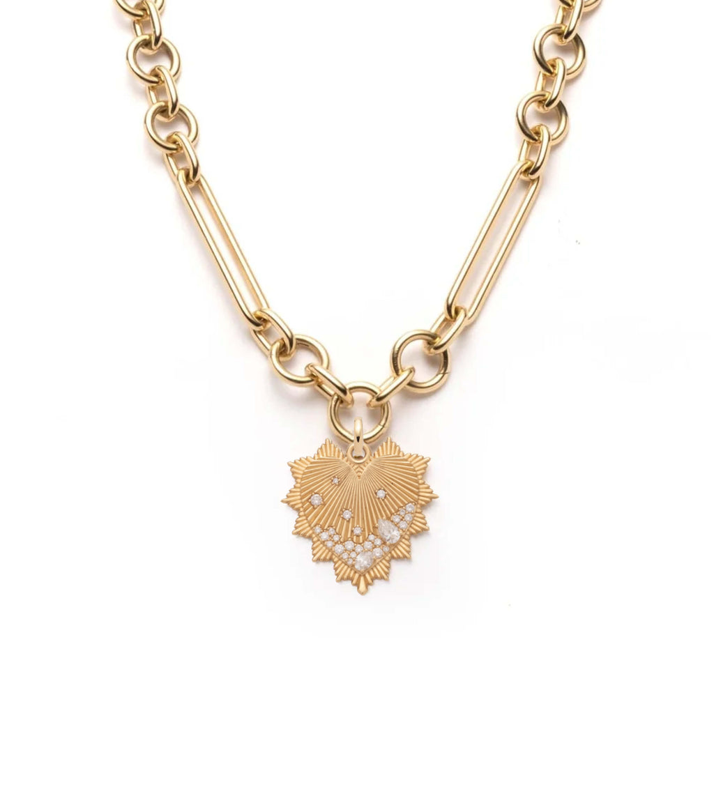 Heart Love Token Oversized Mixed Clip Necklace : in Yellow Gold with Encrusted Diamonds view 1