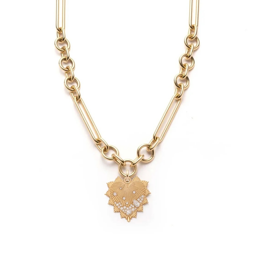 Heart Love Token Oversized Mixed Clip Necklace : in Yellow Gold with Encrusted Diamonds view 1