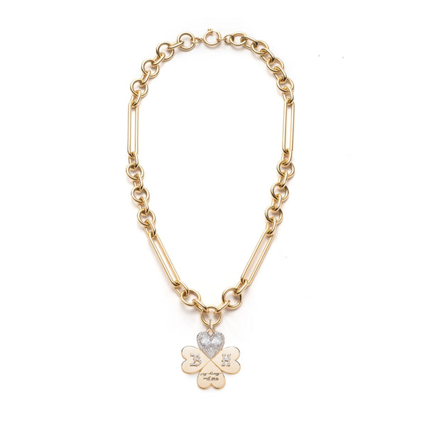 Personalized - True Love | Custom 'Will You Marry Me' Four Heart Clover Oversized Mixed Clip Necklace | Diamonds, Yellow Gold