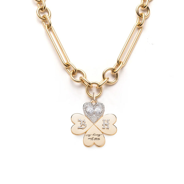 Personalized - True Love | Custom 'Will You Marry Me' Four Heart Clover Oversized Mixed Clip Necklace | Diamonds, Yellow Gold