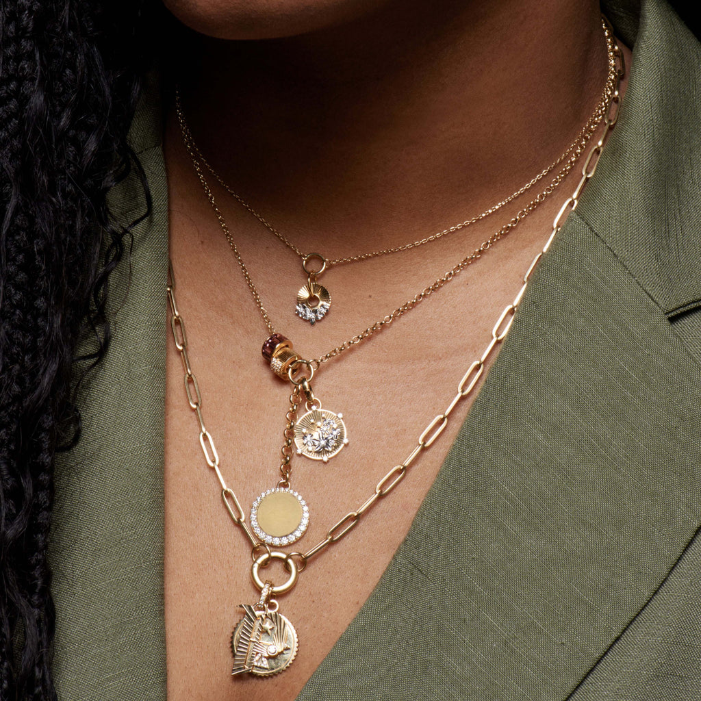 18K Yellow Gold Pave Engravable and Blossoms Small Mixed Belcher Story : in Mixed Gold with Diamonds and Pink Tourmaline – FoundRae view 2