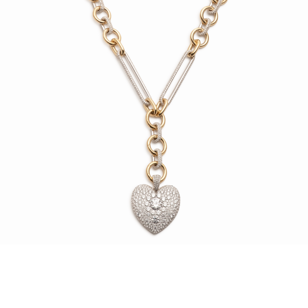 Snow Pavé Diamond Full Heart Oversized Mixed Clip Necklace : in Mixed Gold view 1