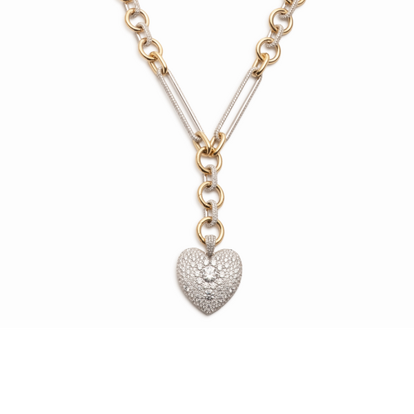 Snow Pavé Diamond Full Heart Oversized Mixed Clip Necklace : in Mixed Gold