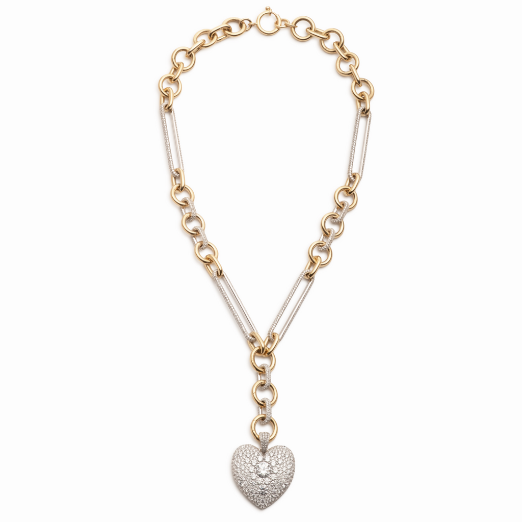 18K Mixed Gold Snow Pavé Diamond Full Heart Oversized Mixed Clip Necklace : in Mixed Gold – FoundRae view 3
