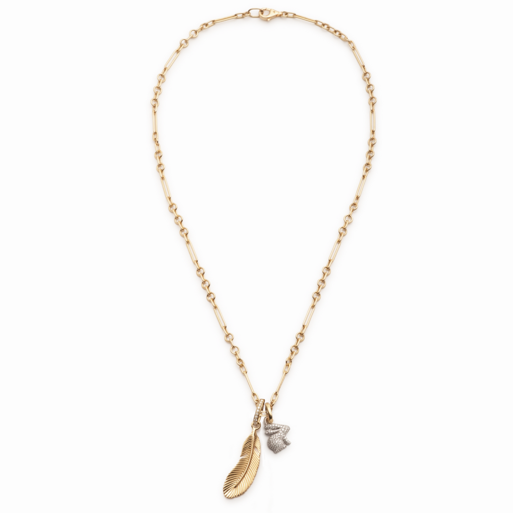 Snow Pavé Diamond Bunny and Feather Fine Mixed Clip Necklace : in Mixed Gold view 2