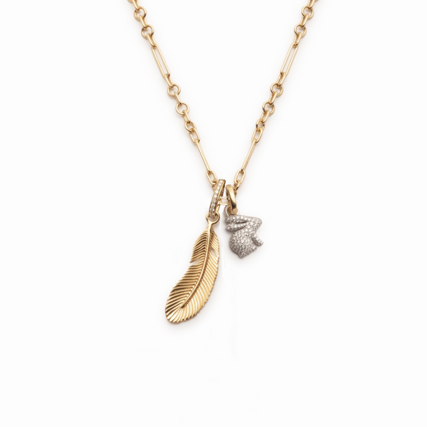 Snow Pavé Diamond Bunny and Feather Fine Mixed Clip Necklace : in Mixed Gold