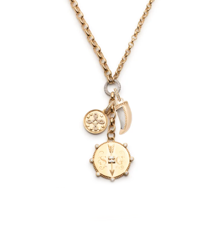 True Love and Protection Heavy Mixed Belcher Extension Story : in Yellow Gold with Pave Diamonds and Green Prasiolite view 1