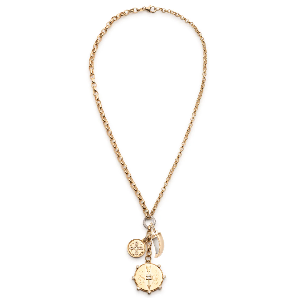 18K Yellow Gold True Love and Protection Heavy Mixed Belcher Extension Story : in Yellow Gold with Pave Diamonds and Green Prasiolite – FoundRae view 3