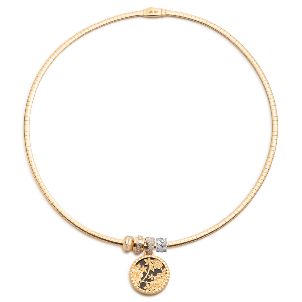 18K Yellow Gold Floral Screen Resilience and Heart Beats Small Sleek Collar Story : in Yellow Gold with Diamonds and Onyx – FoundRae view 3