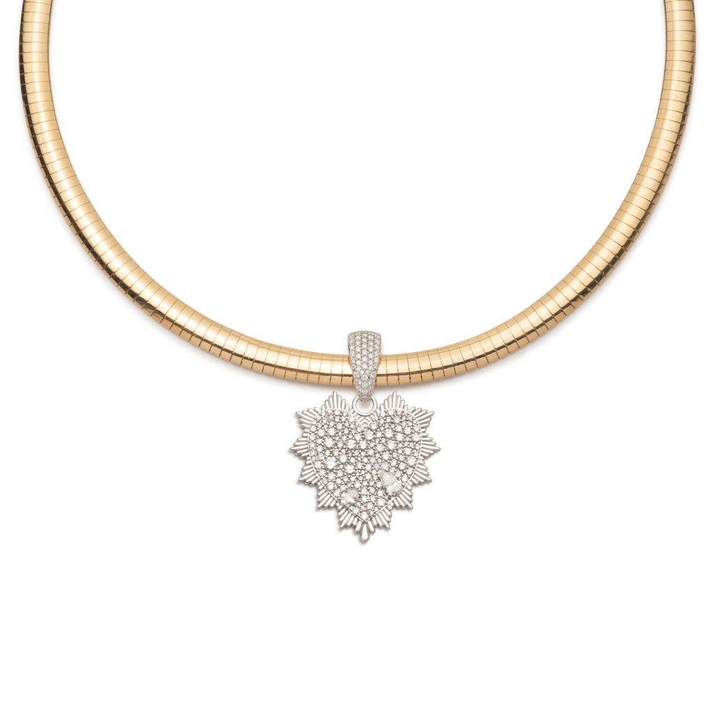 Snow Pavé Diamond Heart Love Token Medium Sleek Collar Necklace : in Mixed Gold view 1