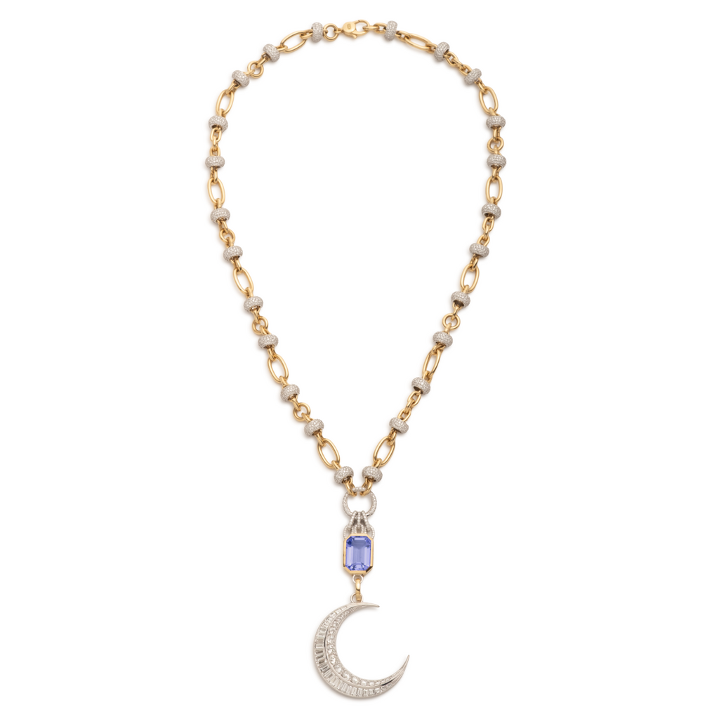 18K Mixed Gold Crescent and One-of-a-Kind Tanzanite Orbit Open Chain Story : in Mixed Gold with Diamonds – FoundRae view 3