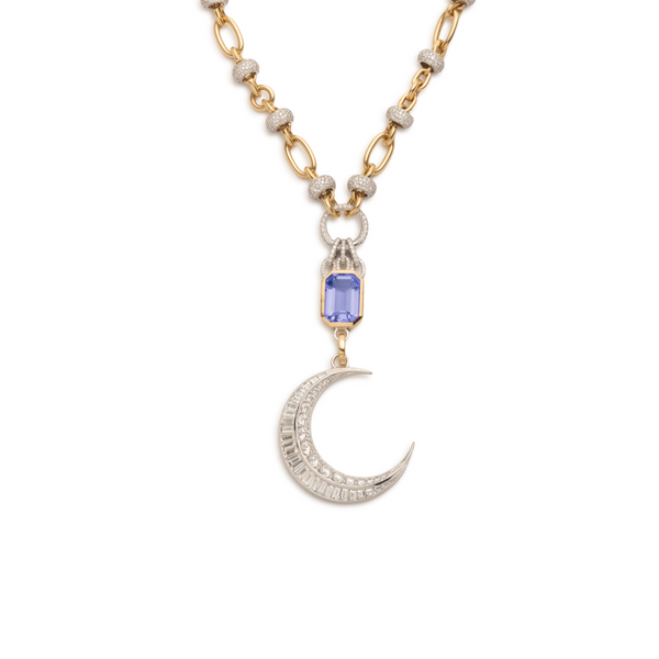 Crescent and One-of-a-Kind Tanzanite Orbit Open Chain Story : in Mixed Gold with Diamonds