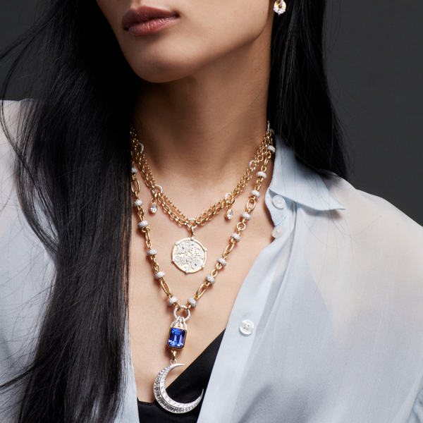 Crescent and One-of-a-Kind Tanzanite Orbit Open Chain Story : in Mixed Gold with Diamonds