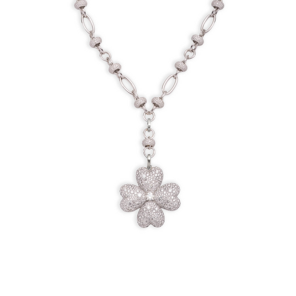 Snow Pavé Diamond Four Heart Clover Orbit Extension Necklace : in White Gold