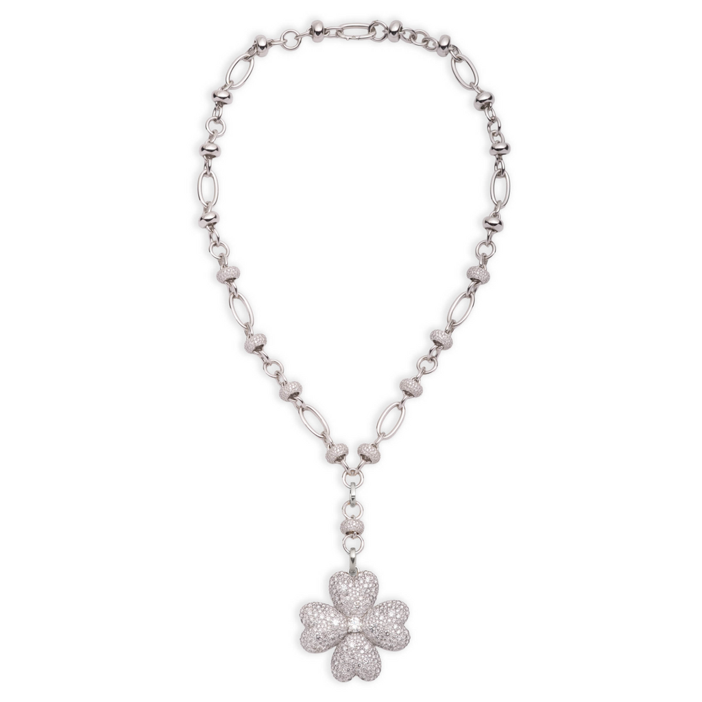 18K White Gold Snow Pavé Diamond Four Heart Clover Orbit Extension Necklace : in White Gold – FoundRae view 3