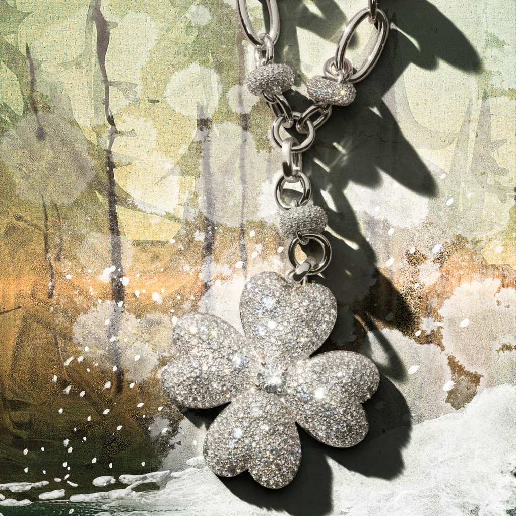 Snow Pavé Diamond Four Heart Clover Orbit Extension Necklace : in White Gold view 2