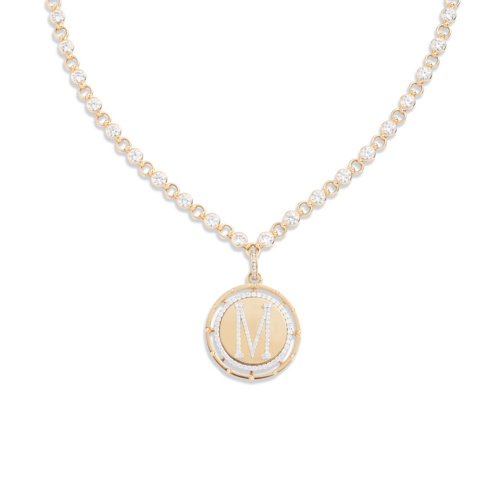 Lovestruck Pierced Initial Medallion and Diamond Link Rivière Necklace : in Yellow Gold view 1
