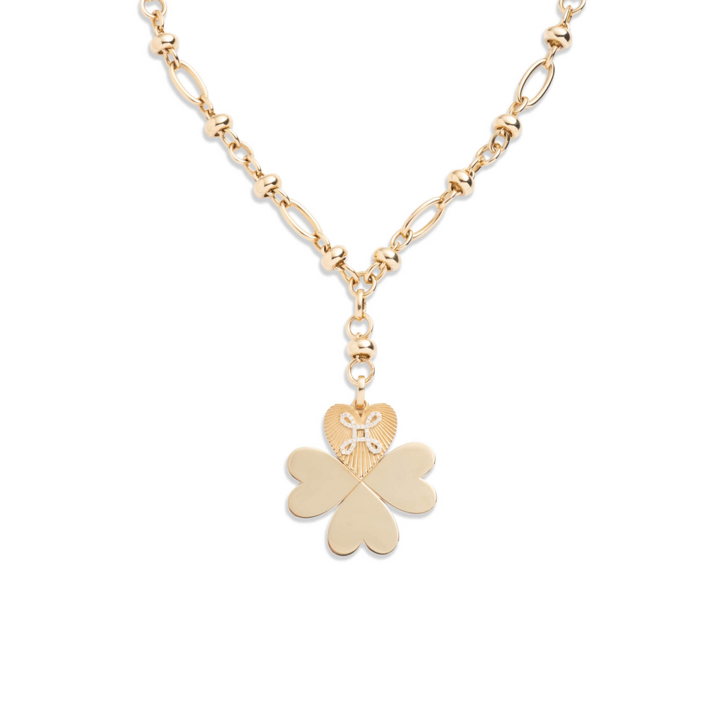 Four Heart Clover Love Knot Orbit Extension Necklace : in Yellow Gold with Pave Diamonds view 1