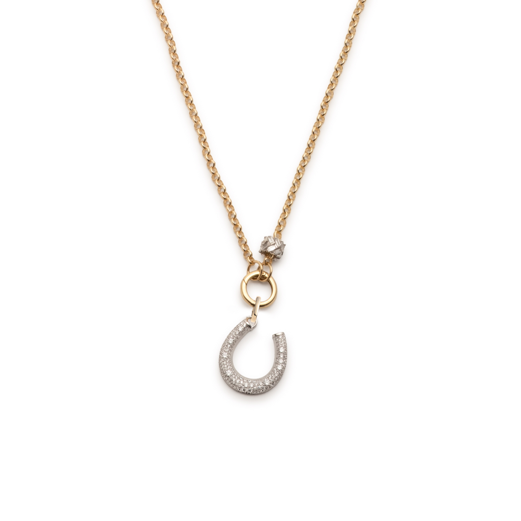 Snow Pavé Diamond Horseshoe and Heart Beat Medium Belcher Open Chain Story : in Mixed Gold view 1