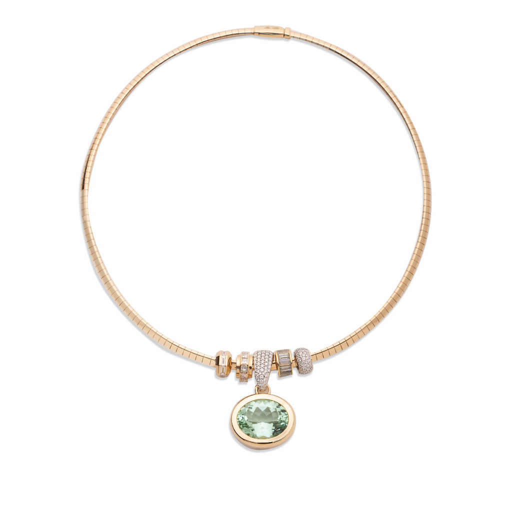 18K Yellow Gold One-of-a-Kind Green Tourmaline and Heart Beats Small Sleek Collar Story : in Yellow Gold with Diamonds – FoundRae view 3