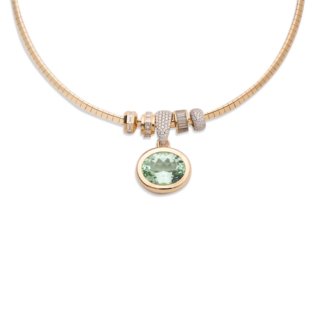 One-of-a-Kind Green Tourmaline and Heart Beats Small Sleek Collar Story : in Yellow Gold with Diamonds view 1