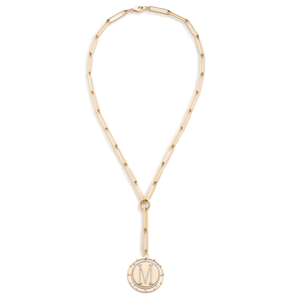 18K Yellow Gold Lovestruck Pierced Initial Medallion Extended Clip Extension Necklace : in Yellow Gold with Pave Diamonds – FoundRae view 2