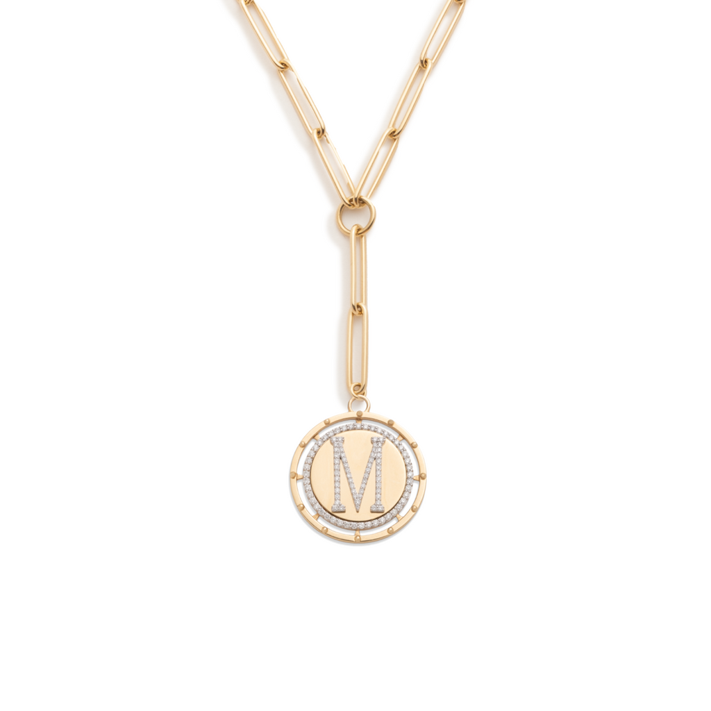Lovestruck Pierced Initial Medallion Extended Clip Extension Necklace : in Yellow Gold with Pave Diamonds view 1